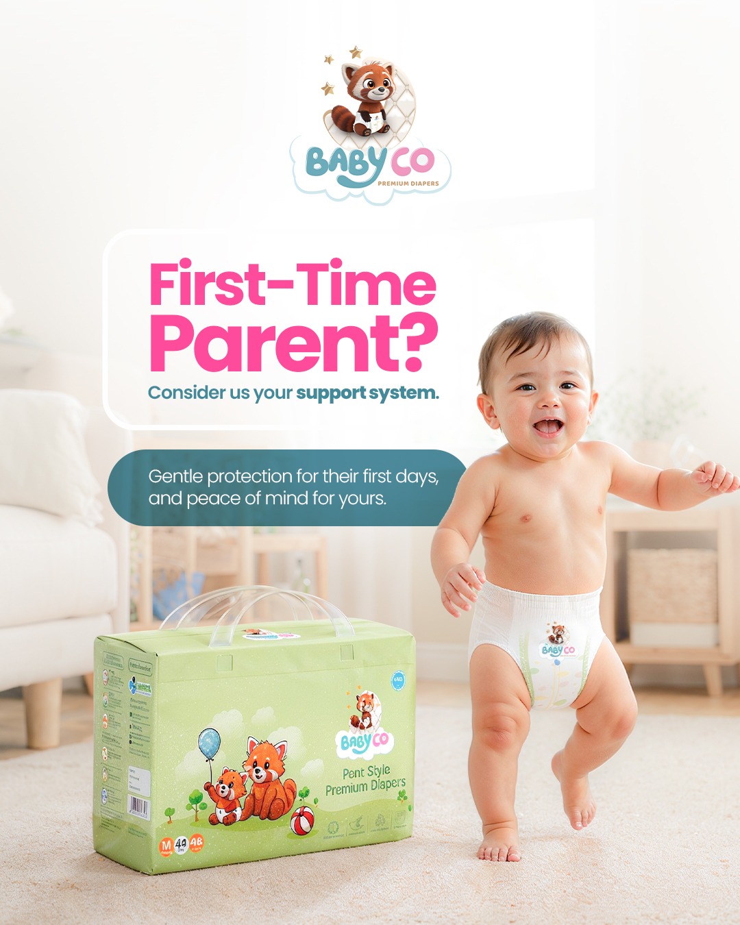 Baby standing in BabyCo diaper – 360° stretch fit